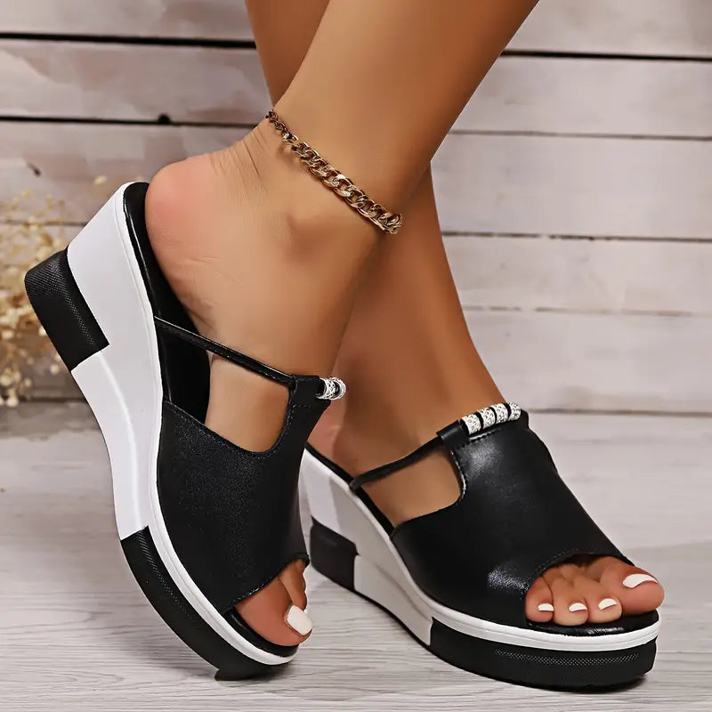 Trendy Womens Rhinestone Wedge Slippers