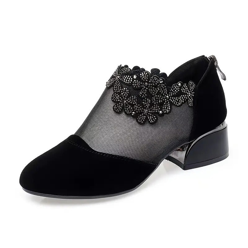 Women's Flower Rhinestone Mesh Block Heels