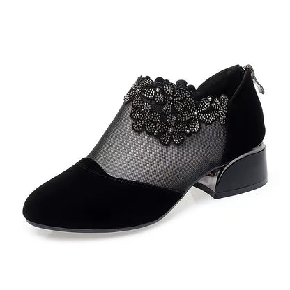 Women's Flower Rhinestone Mesh Block Heels